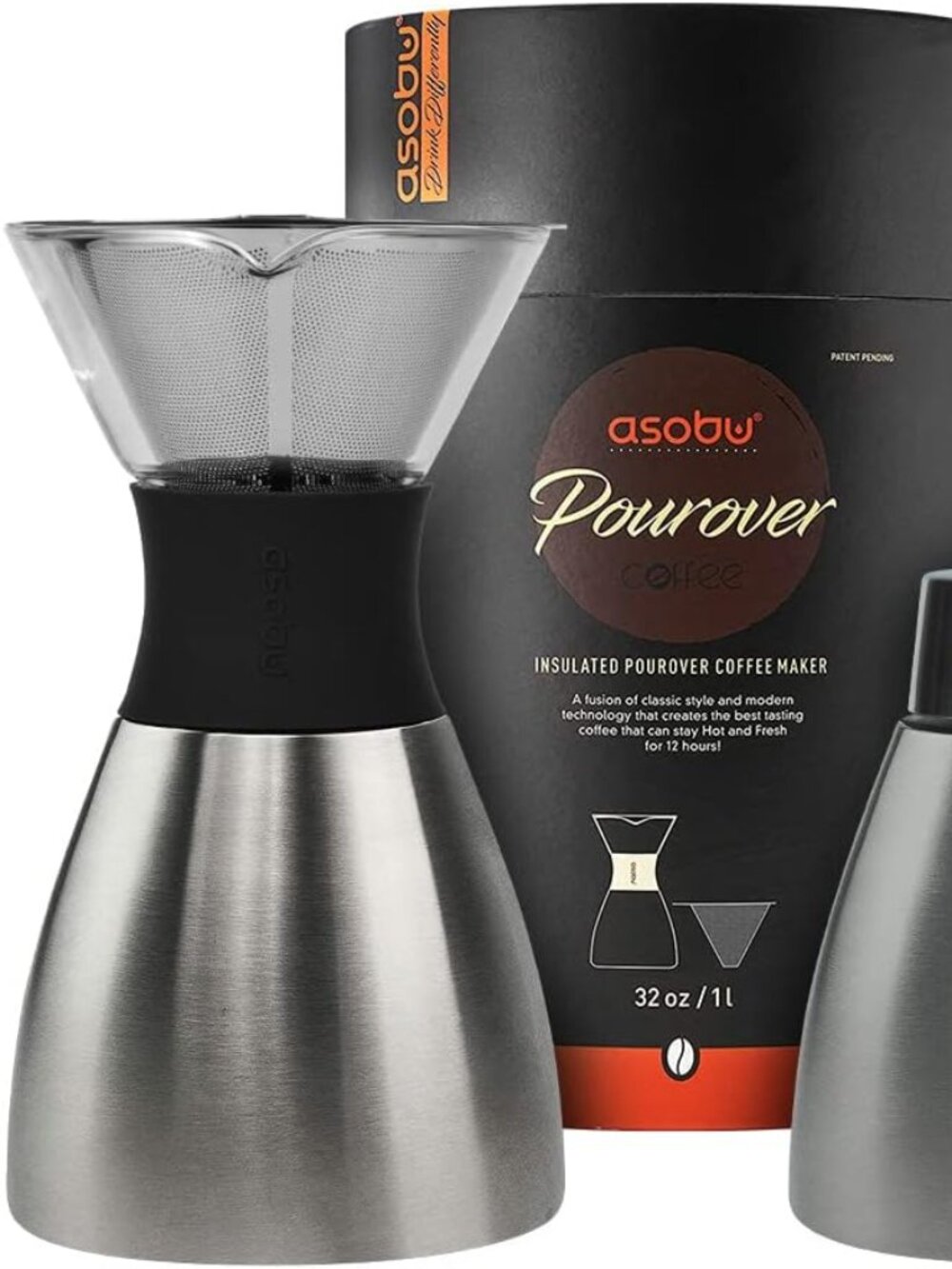 asobu Silver Insulated Pour Over Coffee Maker Carafe with Stainless-Steel Filter